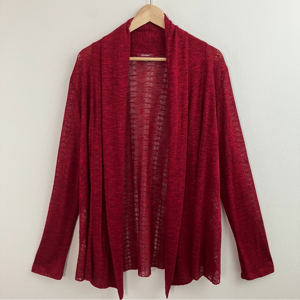 Red Crocheted Open Front Cardigan Sweater